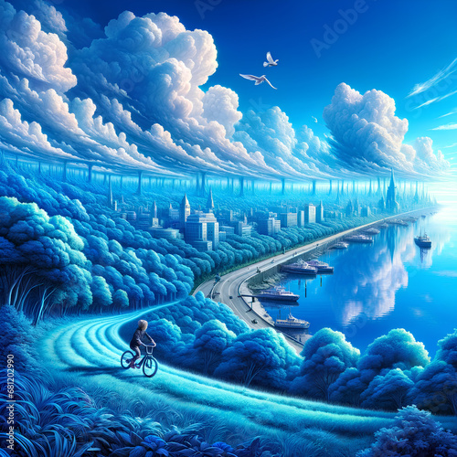 The sky and the sea are as blue as lies, the greenery of the embankment is infinitely blue, and the clouds floating on the horizon are white as if they were just born. generative AI.