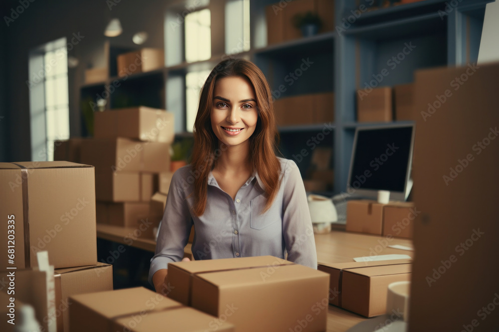 A happy woman at the office preparing boxes and delivering sales. Concept of selling products online. A happy woman at the office preparing boxes and delivering sales. Concept of selling products online.