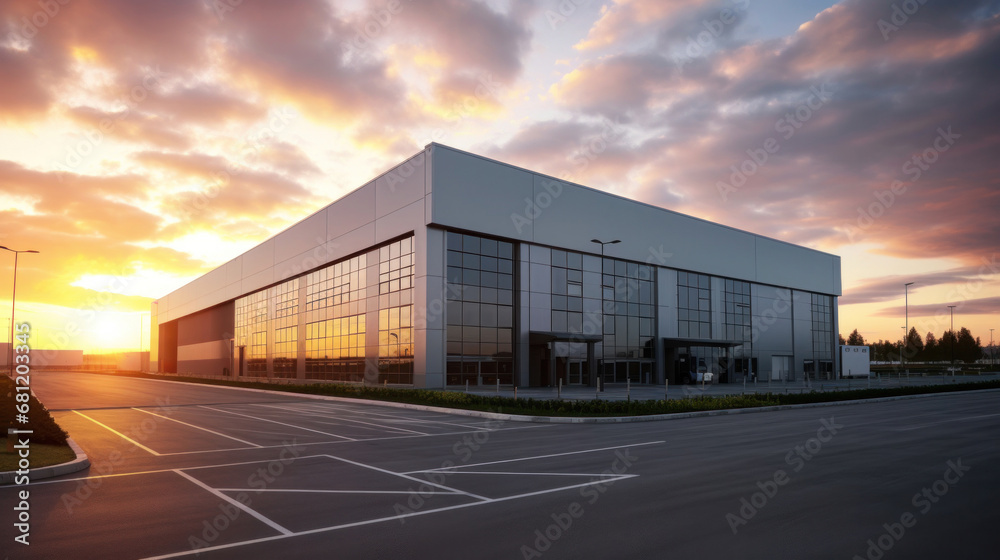 A modern logistics warehouse building structure.