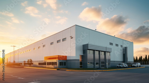 A modern logistics warehouse building structure.