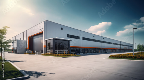 A modern logistics warehouse building structure. photo