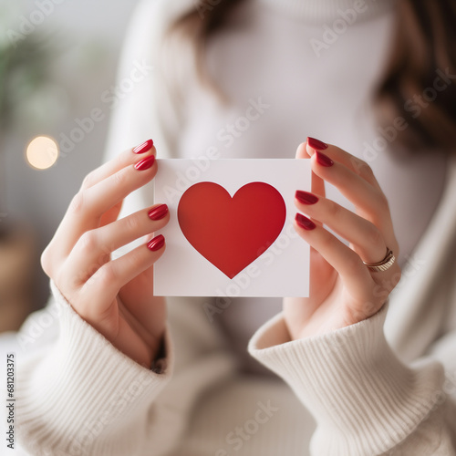 woman holding red heart, valentine's day, close-up, Woman holding a card