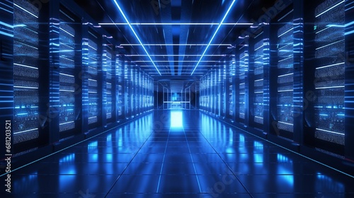 A high-tech data center with rows of servers and blue LED lights.