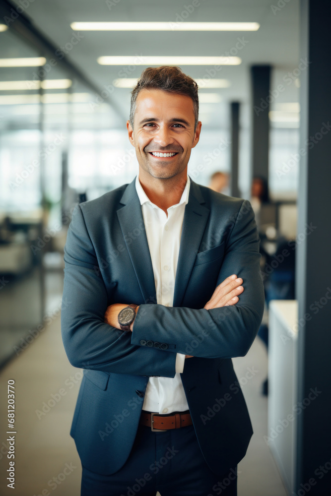 A smiling businessman standing in front of a camera with his arms crossed in a modern office. A smiling businessman standing in front of a camera with his arms crossed in a modern office.