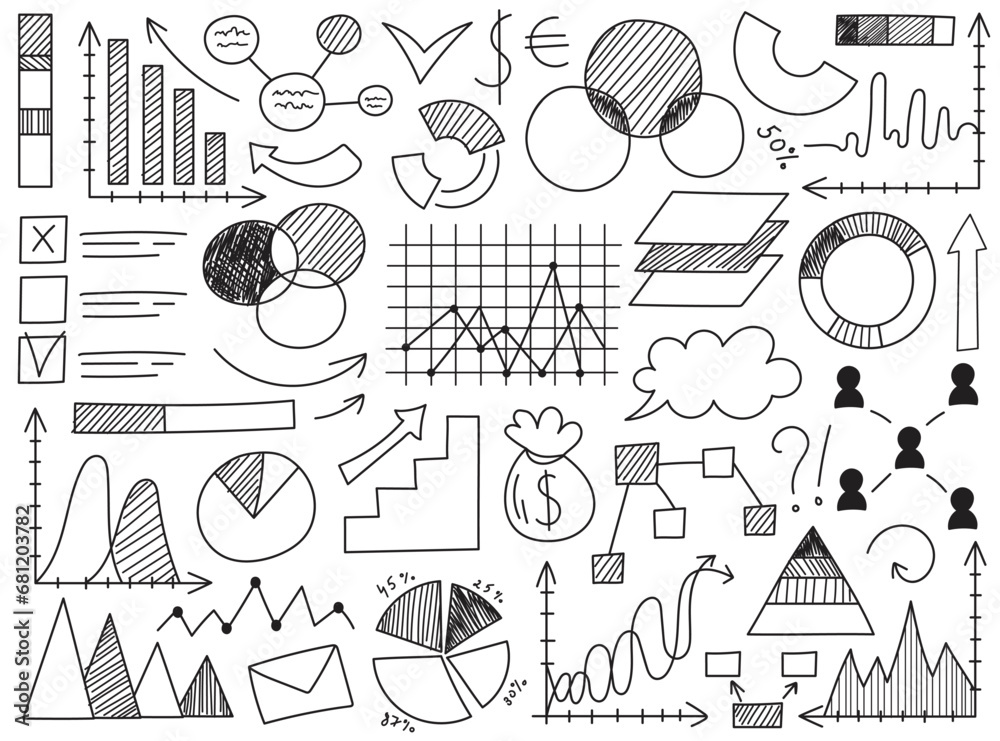 Hand drawn infographics doodle charts, graphs and diagram isolated set vector illustration
