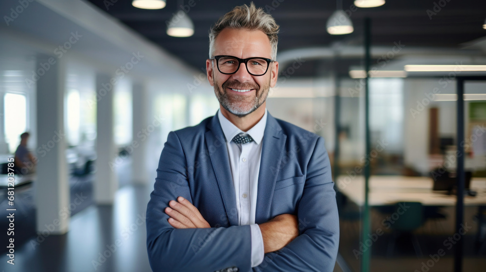 A smiling businessman standing in front of a camera with his arms crossed in a modern office. A smiling businessman standing in front of a camera with his arms crossed in a modern office.