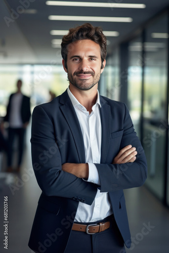 A smiling businessman standing in front of a camera with his arms crossed in a modern office.