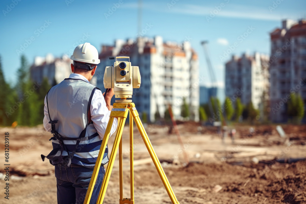 A surveyor builder engineer with theodolite transit equipment at construction site outdoors during surveying work. A surveyor builder engineer with theodolite transit equipment at construction site outdoors during surveying work.