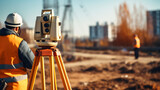 A surveyor builder engineer with theodolite transit equipment at construction site outdoors during surveying work.