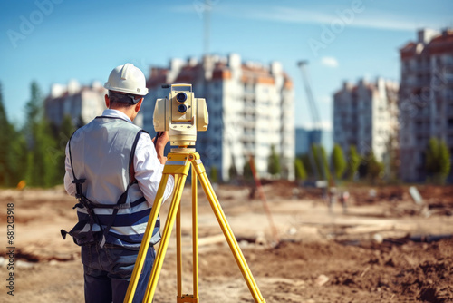 A surveyor builder engineer with theodolite transit equipment at construction site outdoors during surveying work.
