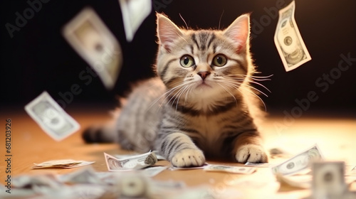 Funny cat is holding banknotes of Dollar and Euro. Business theme. generative ai