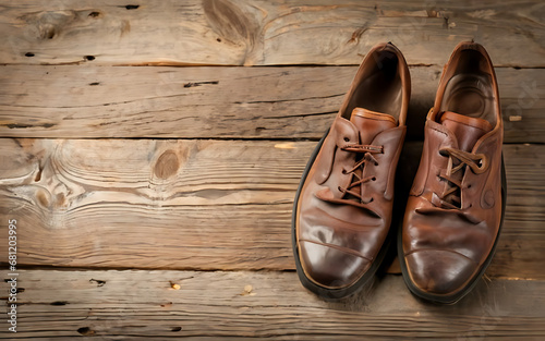 Old worn out brown leather shoes with camera and over the brown wood background Generative AI