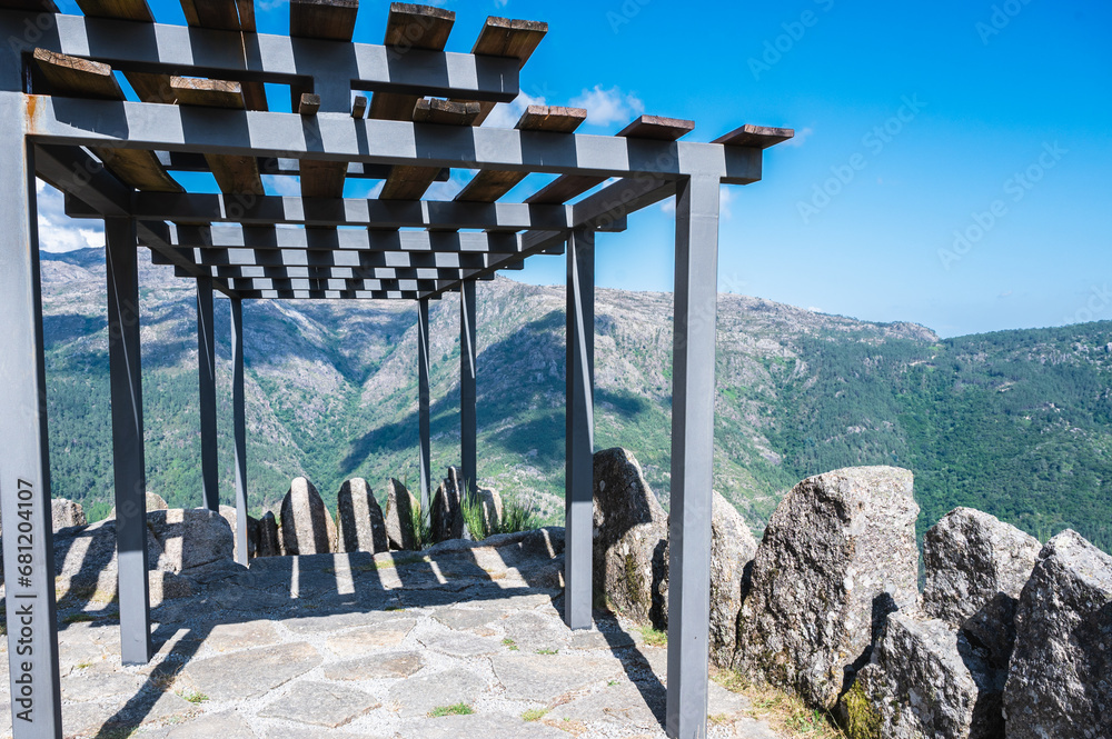 The viewpoint of Junceda, at an altitude of 915 meters, where entire valley of the Geres river can be seen, mountains on the background - obrazy, fototapety, plakaty 