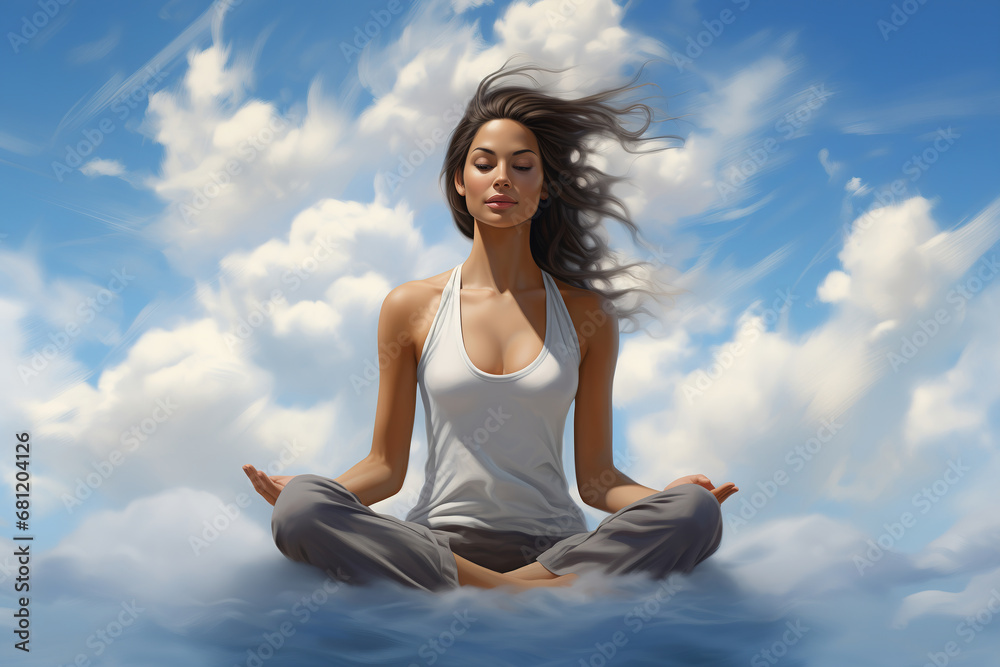 Meditation. A young Woman sitting in lotus position, calm and peaceful heavens on the background Meditation. A young Woman sitting in lotus position, calm and peaceful heavens on the background