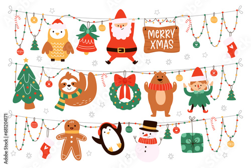 Merry Christmas cute characters hanging on rope, funny winter holiday decorations isolated set