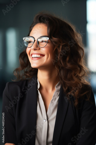 Cheerful professional business woman, happy laughing female office worker wearing glasses looking away at copy space advertising job opportunities or good business services.