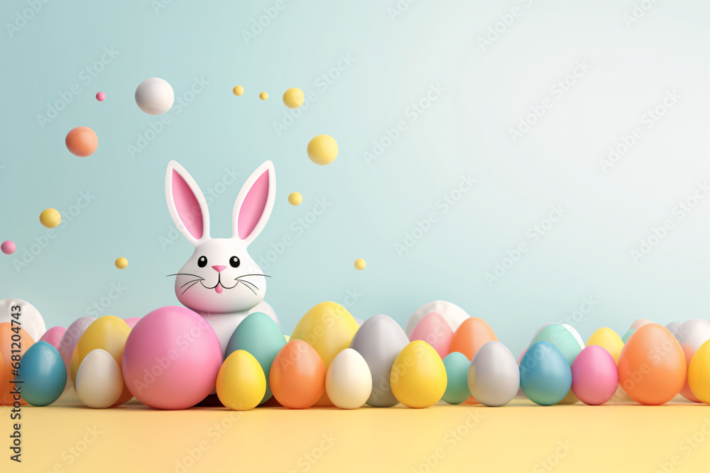 Easter Bunny and Eggs in pastel colors with copy space, 3D AI Generated