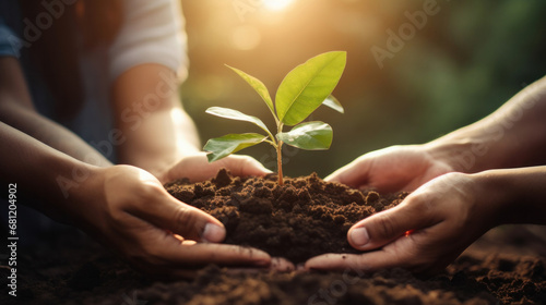 Close-up Plant in hands of business people for teamwork, support or environment Collaborating, growing, and investing in people and the soil for the future.