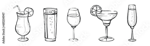 Different Drink and Beverage Hand Drawn Sketch Vector Set.