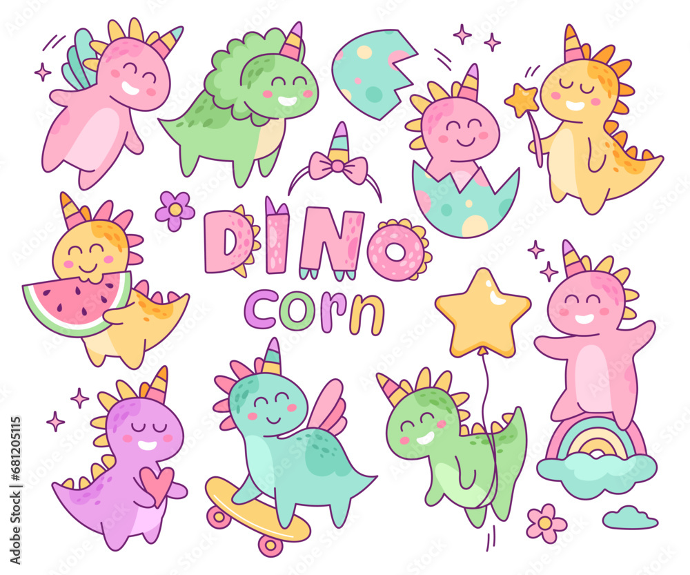 Cute dinosaur unicorns childish characters in different poses doing various things isolated set