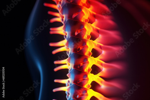 Fluorography of human spine visualising pain with red and orange colours.
