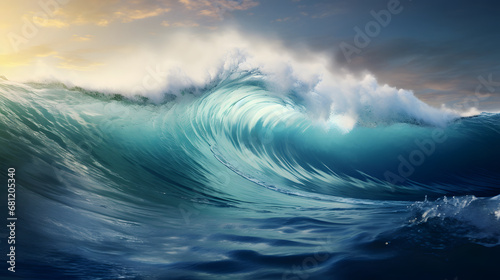 A big wave in the ocean. Tsunami. Water blue background. Sea wave for surfing. View from inside. © MaskaRad