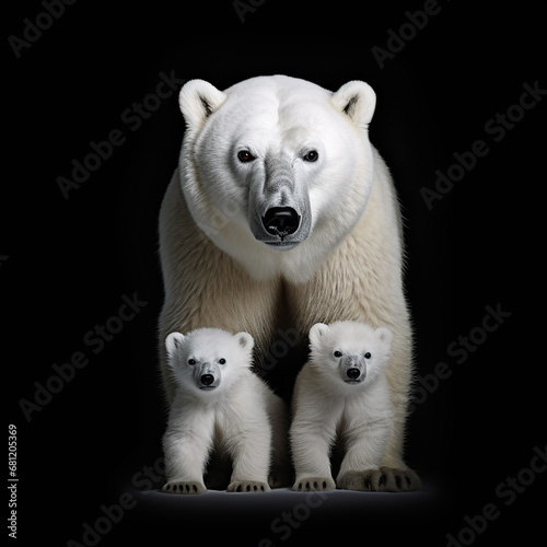 A large polar bear with a small cub. Snow. Beautiful background.