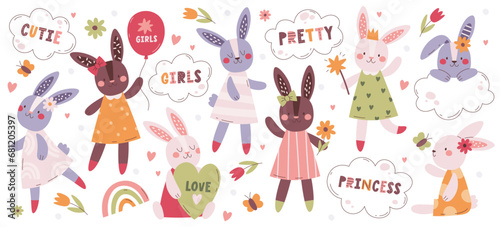 Cute bunny rabbit girl, pretty princes, lovely hare, beautiful rabbit set vector illustration
