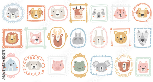Cute animal faces funny character in hand drawn portrait frames isolated set vector illustration photo