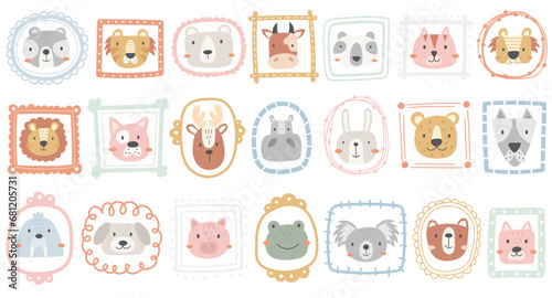 Cute animal faces funny character in hand drawn portrait frames isolated set vector illustration