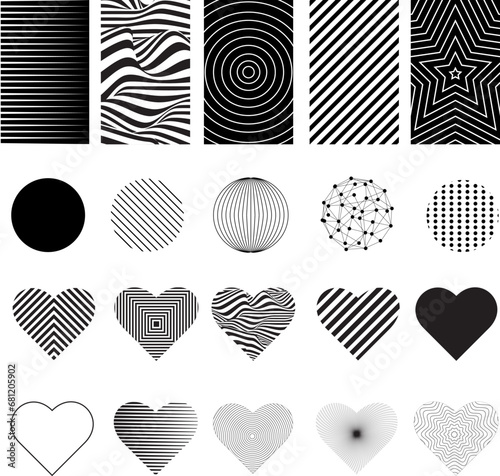 A set of abstract aesthetic elements of hearts and 3D planet layouts in the style of 2000, as well as a set of backgrounds. Black and white retro vector illustration for social media or posters