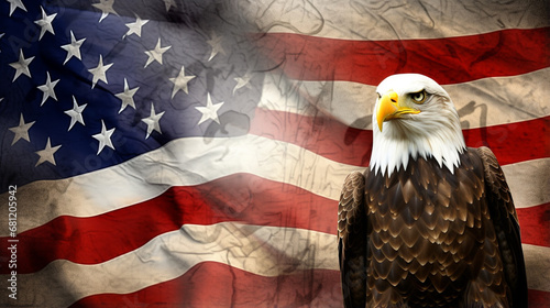 majestic Bald Eagle against of a battle distressed American Flag. generative ai