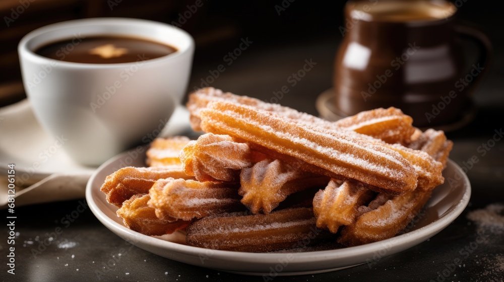 A tantalizing plate of crispy, golden-brown churros heavily dusted with sugar, accompanied by two steaming mugs of rich hot chocolate. A tantalizing plate of crispy, golden-brown churros heavily dusted with sugar, accompanied by two steaming mugs of rich hot chocolate.