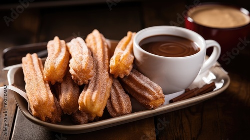 A tantalizing serving of golden churros  liberally sprinkled with sugar  accompanied by a creamy cup of hot chocolate on a ceramic tray.
