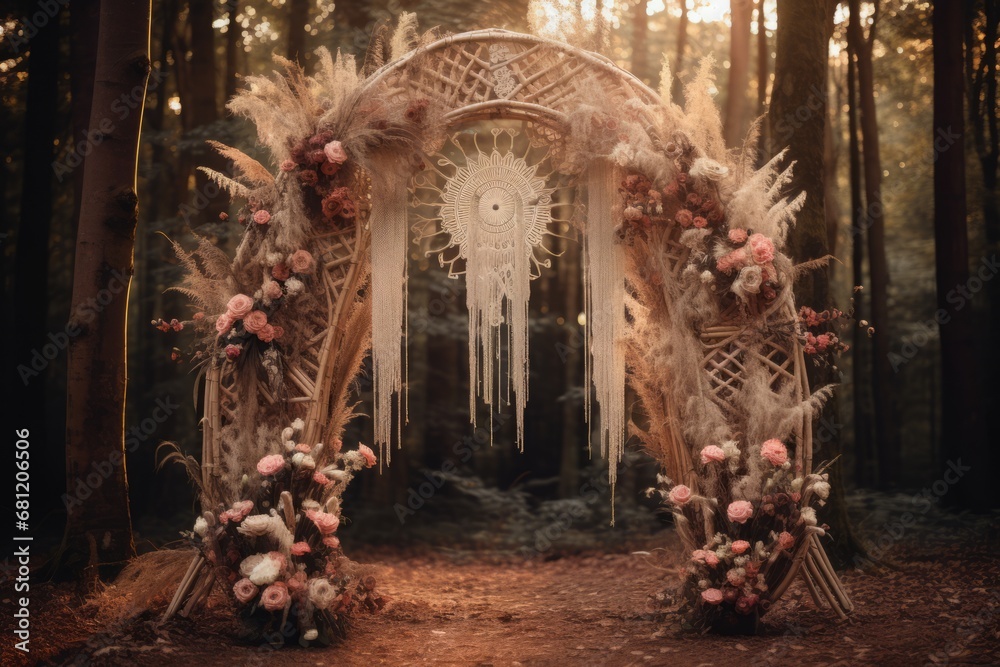 forest boho wedding arch decoration for a wedding ceremony celebration: green plants and bright red flowers.