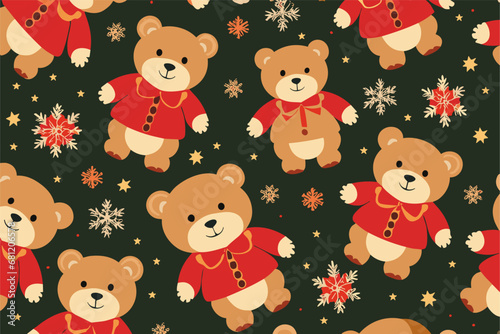 Vector christmas pattern with
cartoon teddy bear, star and snowflake
 on a black background. 2024 New Year fashion
ornament for fabric, paper, textiles, notepad,
children clothing.