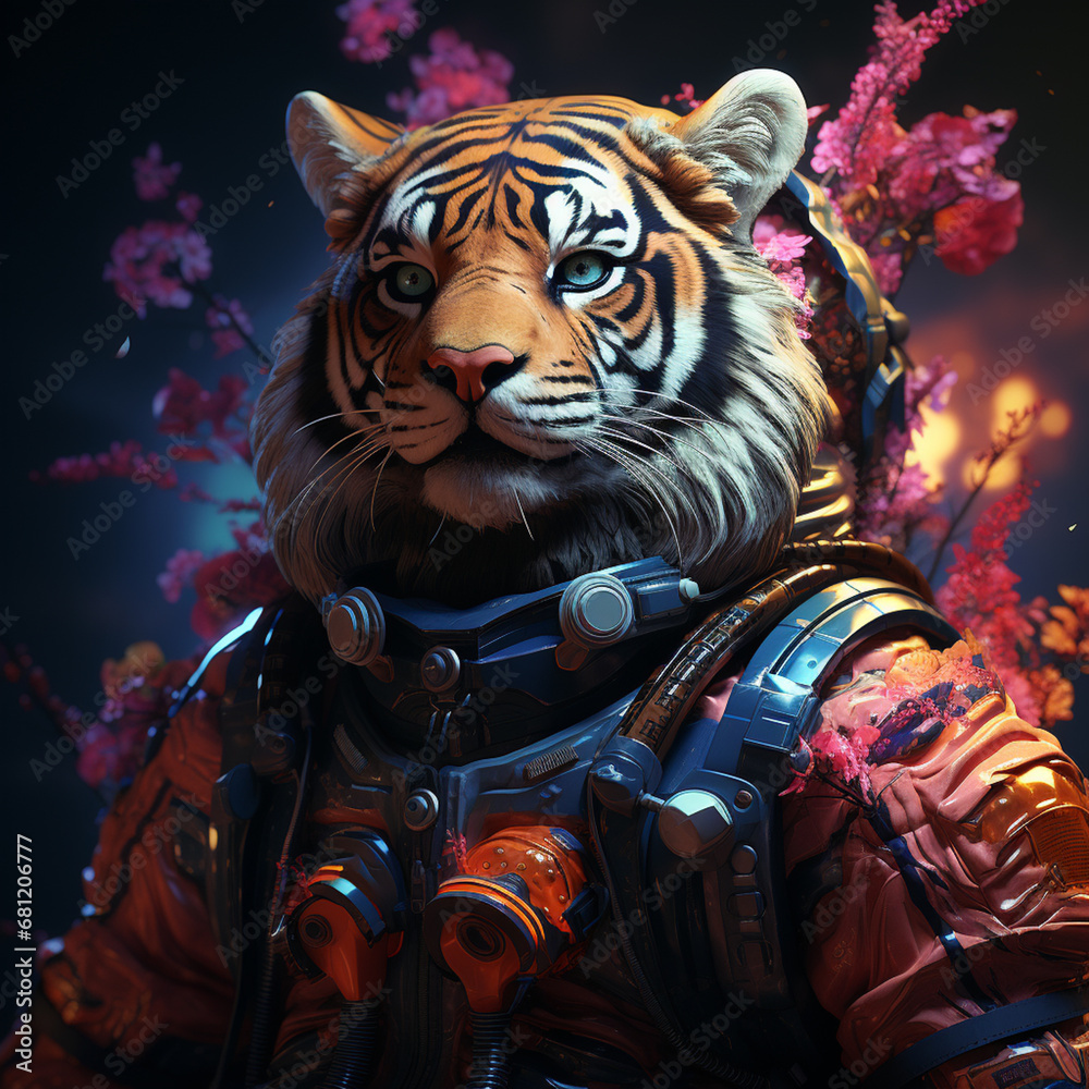 Tiger in the retro Astronaut helmet on a space background. generative ai