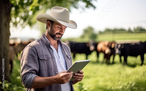 Farmer entrepreneur with a tablet, cattle or business owner