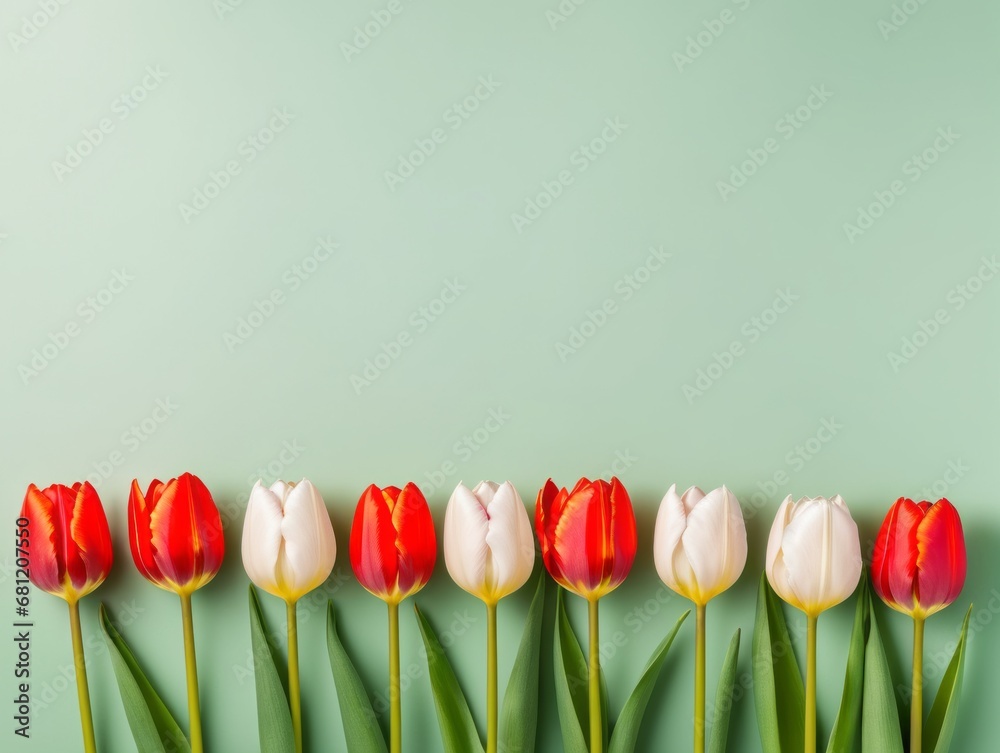 Vibrant Red and White Tulips Blossoming Beautifully on a Delicate Light Green Background