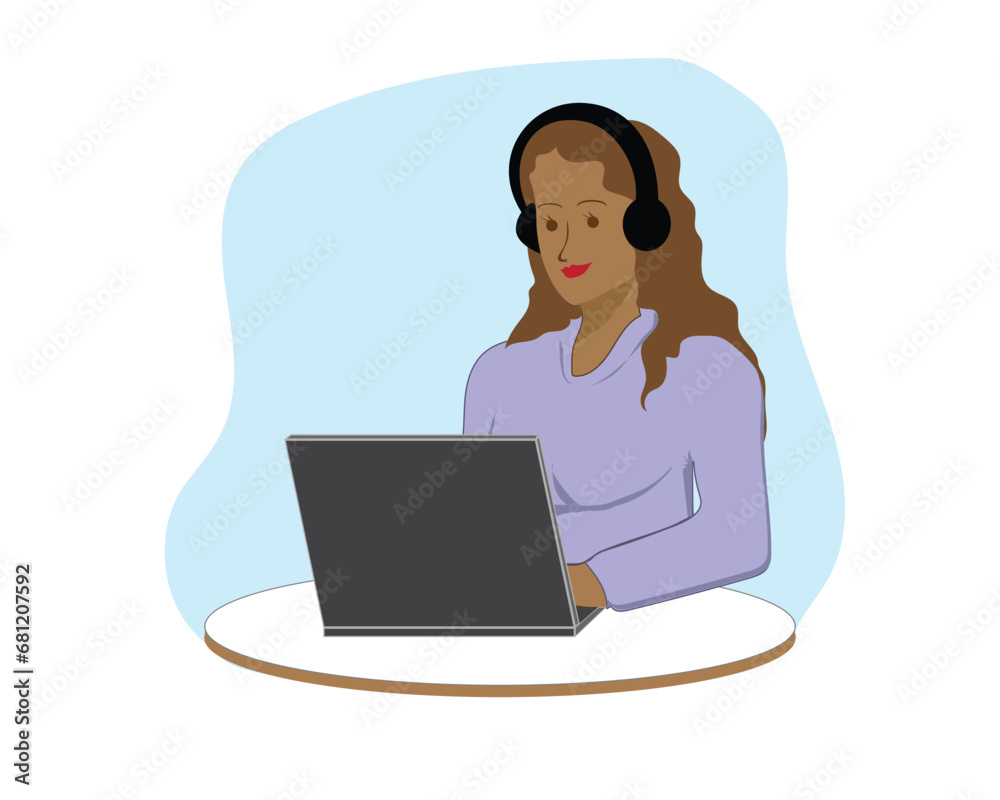vector design cartoon illustration of a woman in a light purple shirt sitting and playing the internet on a laptop while listening to songs using headphones vector design cartoon illustration of a woman in a light purple shirt sitting and playing the internet on a laptop while listening to songs using headphones