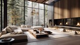 Styl japandi: Salon z wysokim sufitem dużym oknem w nowoczesnym luksusowym stylu