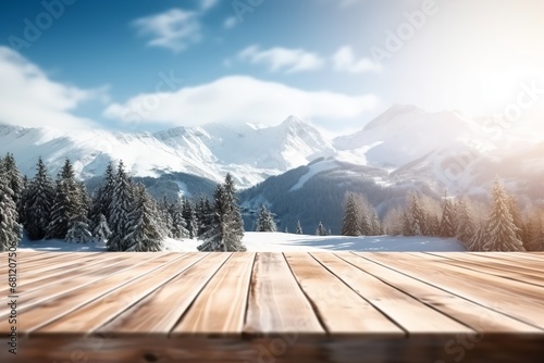wooden table mockup podium in the mountains for product placement winter christmas