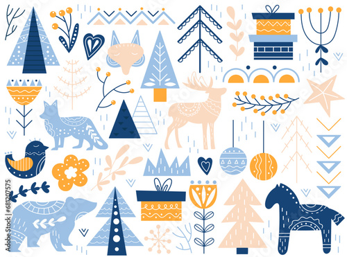 Folk traditional scandinavian Christmas graphic design elements isolated set vector illustration