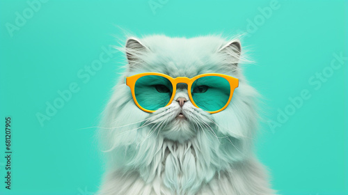 Luxurious domestic kitty in glasses poses. persian peak nose cat wearing sunglasses. generative ai