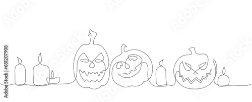 Graphic pumpkins and candles in one line in vector for the Halloween holiday