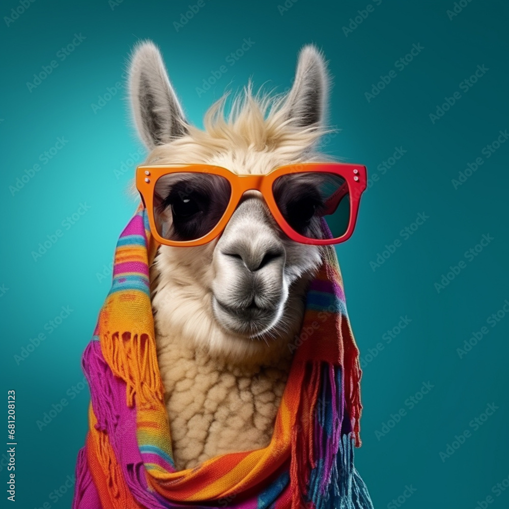 Fototapeta premium Cute white llama head in Sunglasses. generative ai