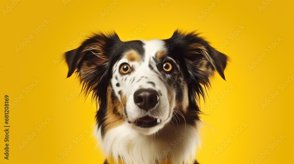 Australian Shepherd's close-up face on clean yellow backdrop.