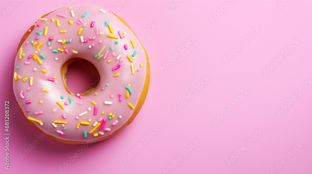Sweet doughnut covered with icing, pastel colors, view from above. Delicious multicolored dessert. Empty space for your text. Cookies, flour products. Sweet doughnut covered with icing, pastel colors, view from above. Delicious multicolored dessert. Empty space for your text. Cookies, flour products.