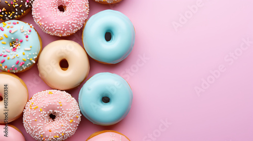 Sweet doughnut covered with icing, pastel colors, view from above. Delicious multicolored dessert. Empty space for your text. Cookies, flour products.