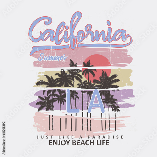Brush stripe with California summer LA loss angels slogan palm tree and sun vector graphic tee beach vibes
